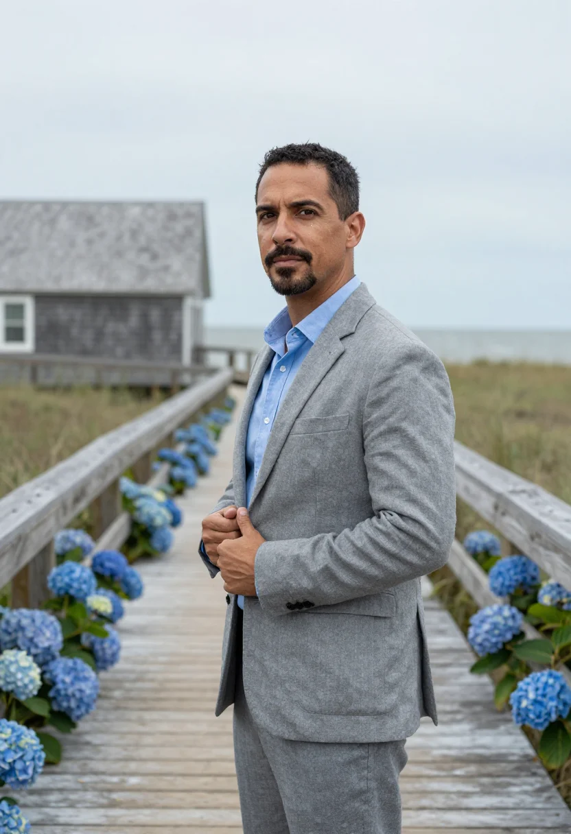 AI hamptons broker shingle hydrangea sample — portrait of a man, framed chest-up, cropped at the ribs, the