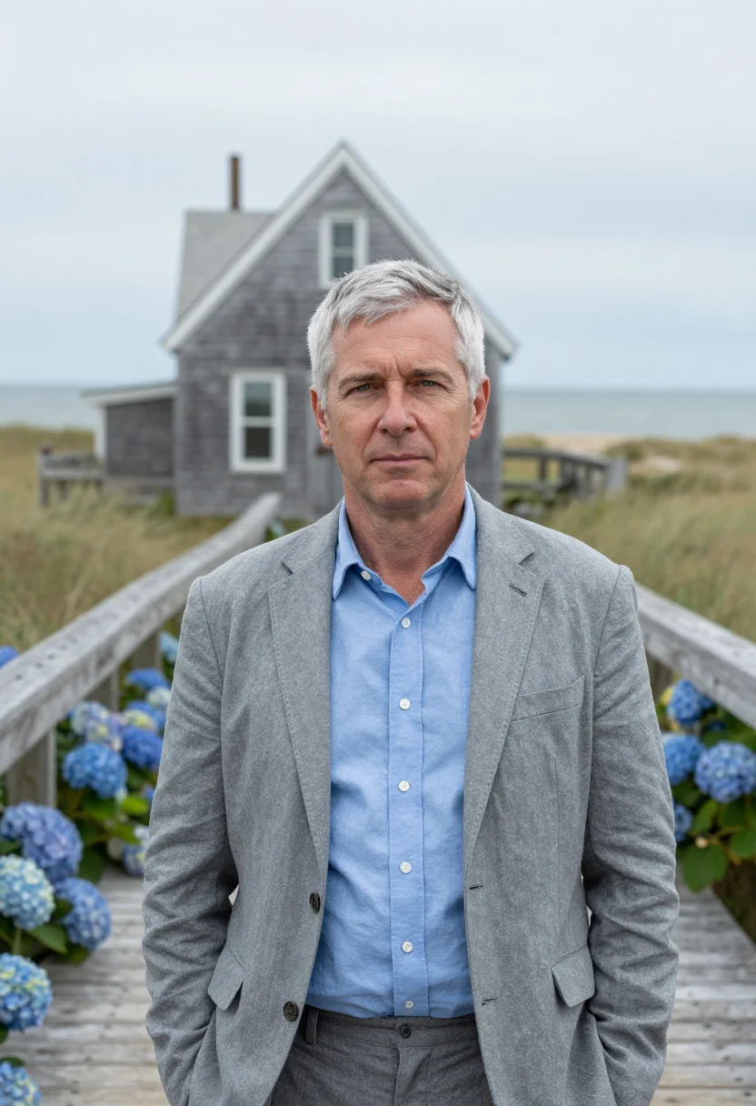 AI hamptons broker shingle hydrangea sample — portrait of a man, framed tight, head and shoulders, the bod