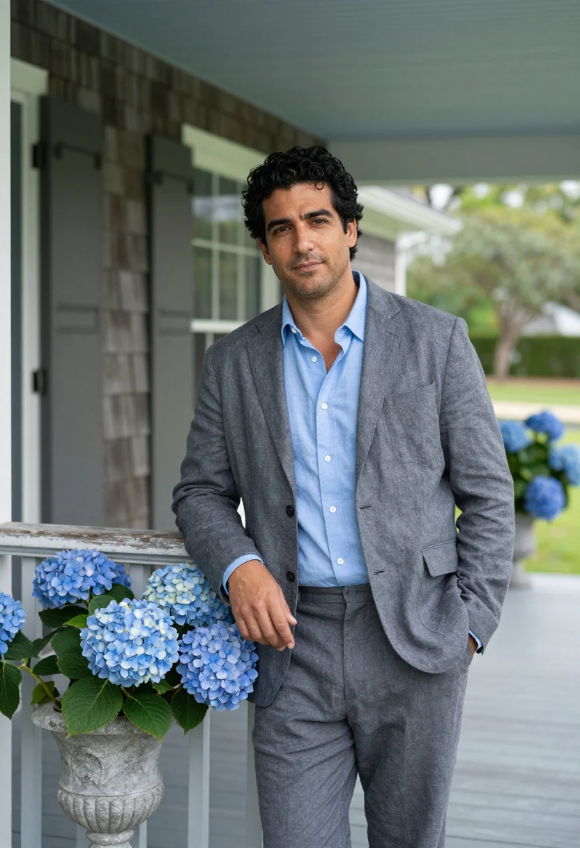 AI hamptons broker shingle hydrangea sample — portrait of a man, framed half-length from the head to the h