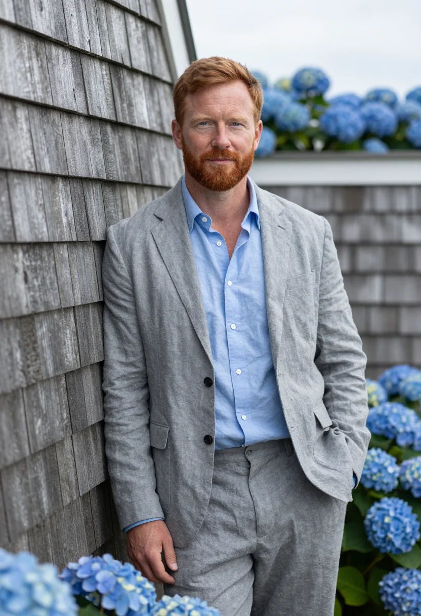 AI hamptons broker shingle hydrangea sample — portrait of a man, framed half-length from the head to the h