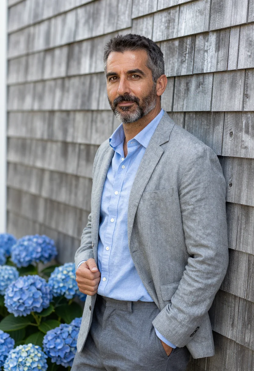 AI hamptons broker shingle hydrangea sample — portrait of a man, framed chest-up, cropped at the ribs, the
