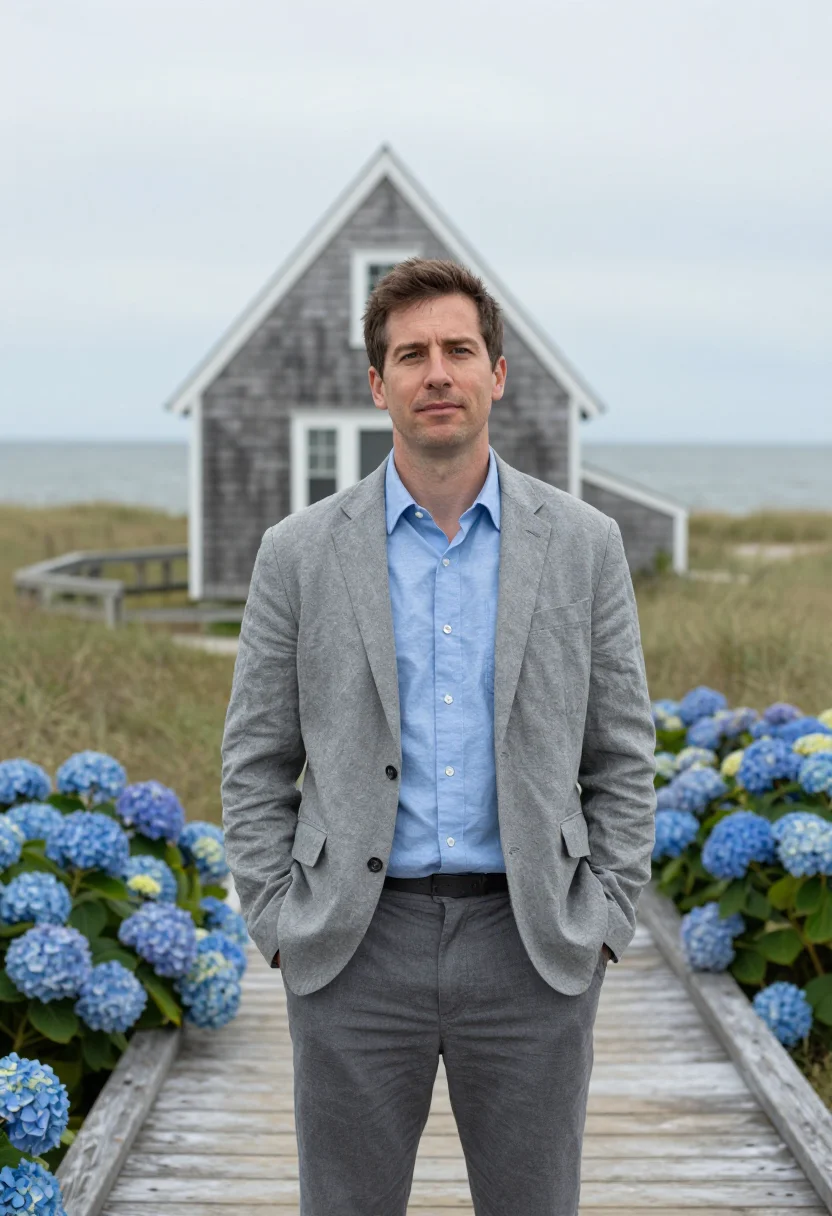 AI hamptons broker shingle hydrangea sample — portrait of a man, framed half-length from the head to the h