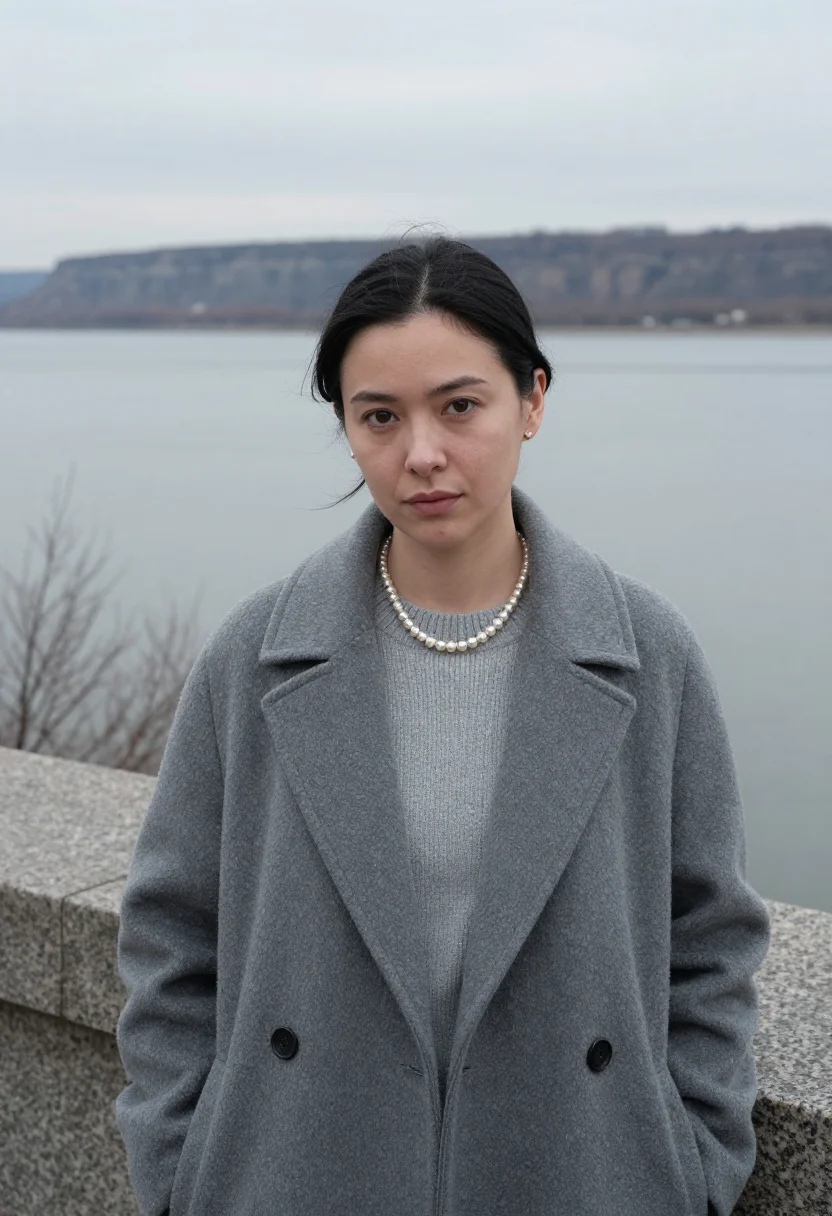 AI hannah arendt riverside drive january grey sample — portrait of a woman, framed chest-up, cropped at the ribs, t