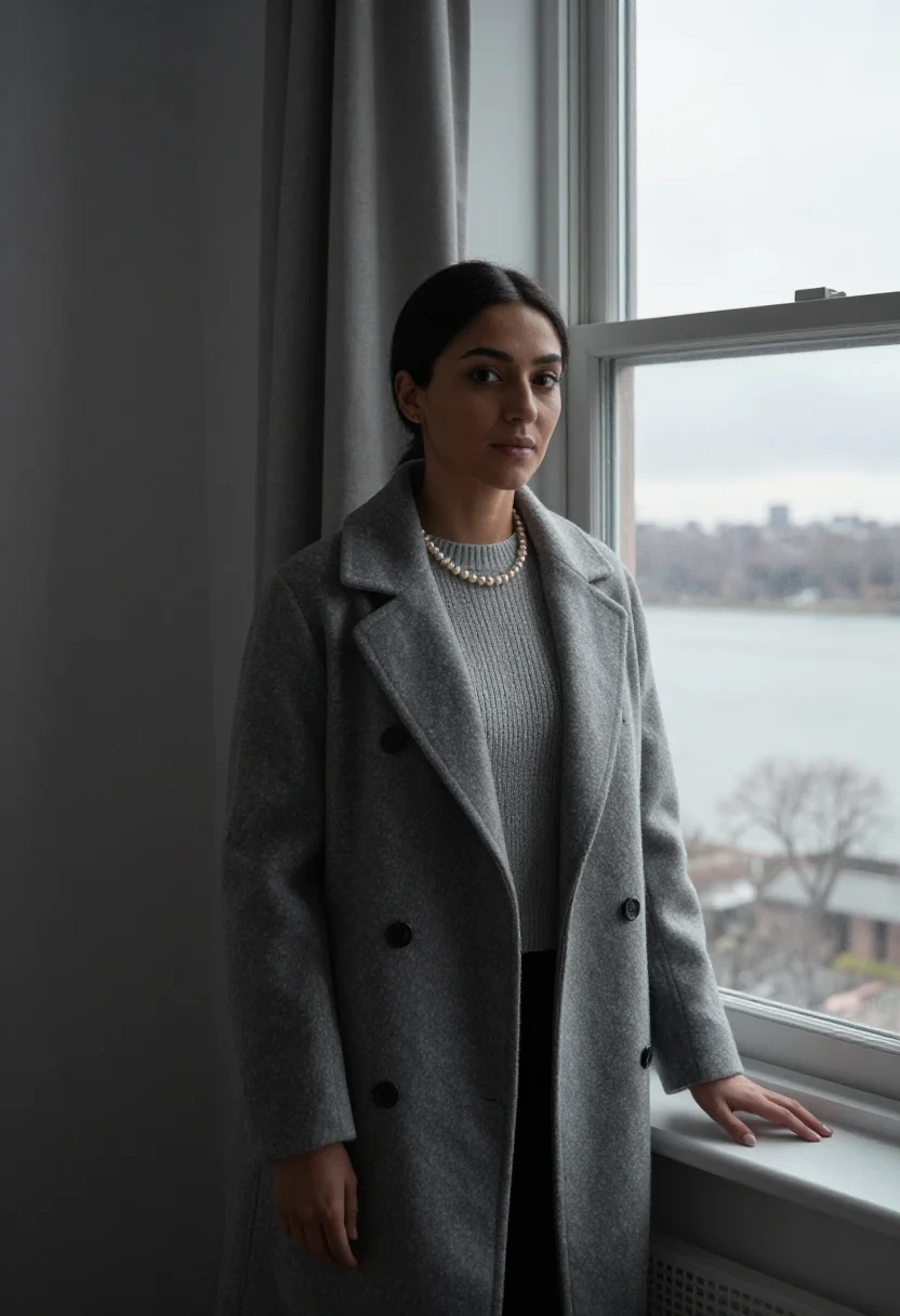 AI hannah arendt riverside drive january grey sample — portrait of a woman, framed three-quarter length, cropped ab