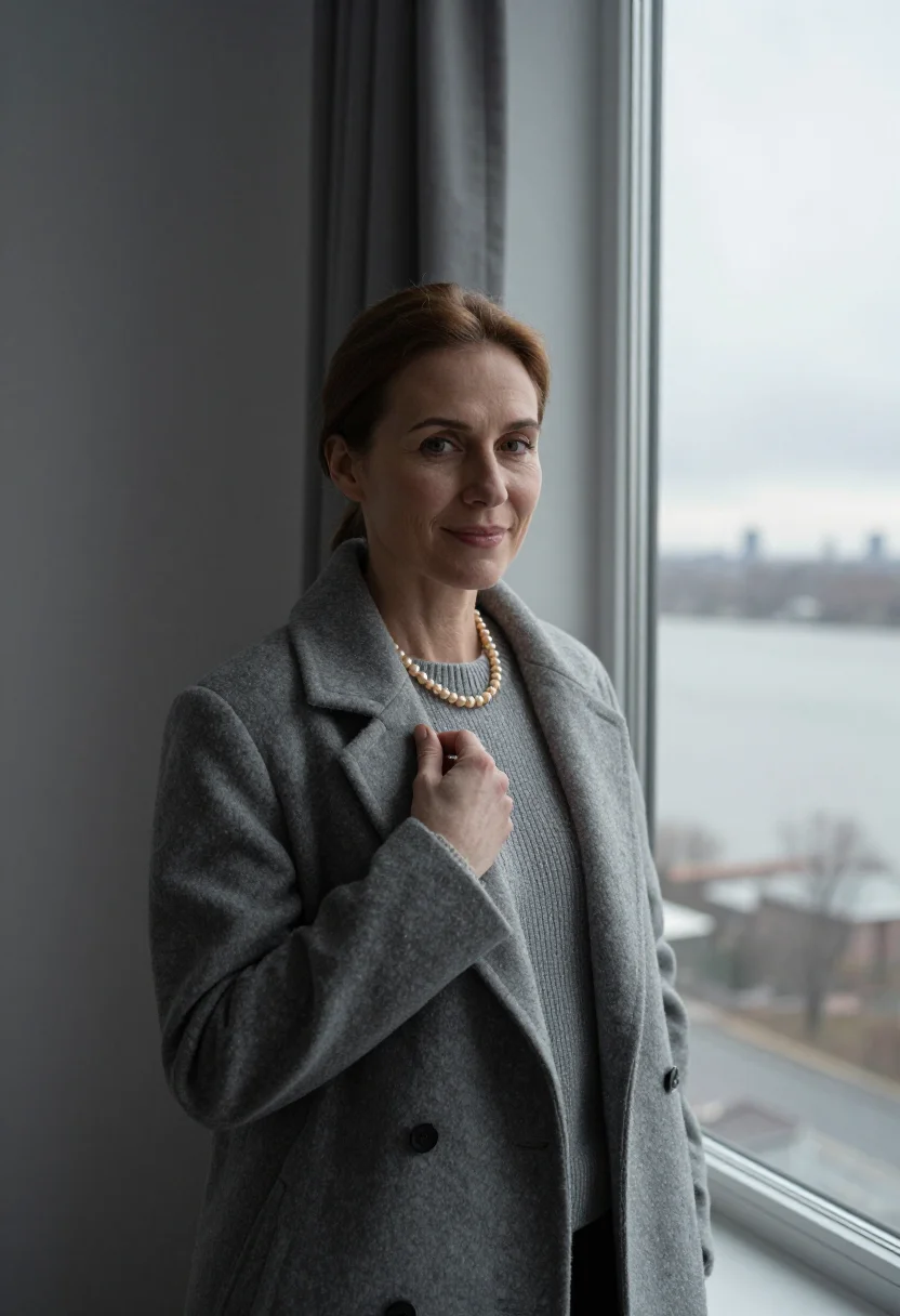 AI hannah arendt riverside drive january grey sample — portrait of a woman, framed chest-up, cropped at the ribs, t