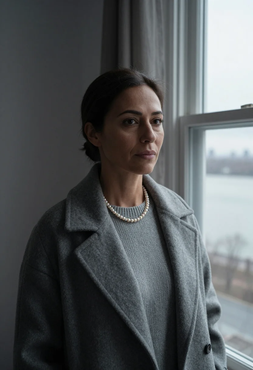 AI hannah arendt riverside drive january grey sample — portrait of a woman, framed tight, head and shoulders, the b