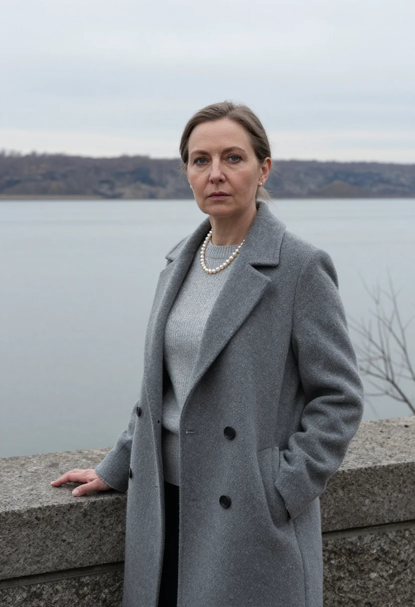 AI hannah arendt riverside drive january grey sample — portrait of a woman, framed half-length, cropped at the hips