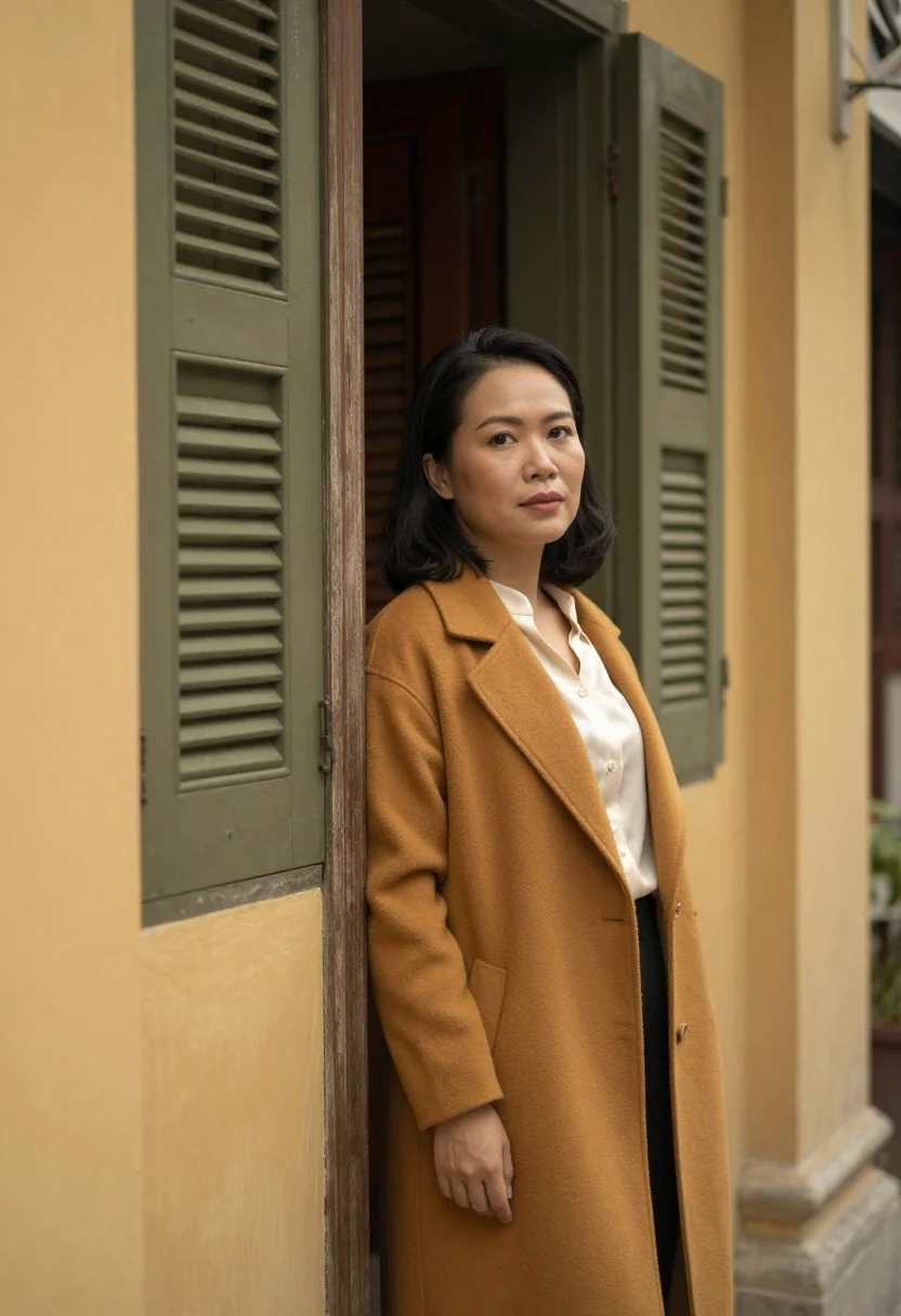AI hanoi old quarter architect yellow ochre sample — portrait of a woman, a Vietnamese architect in her mid-forti
