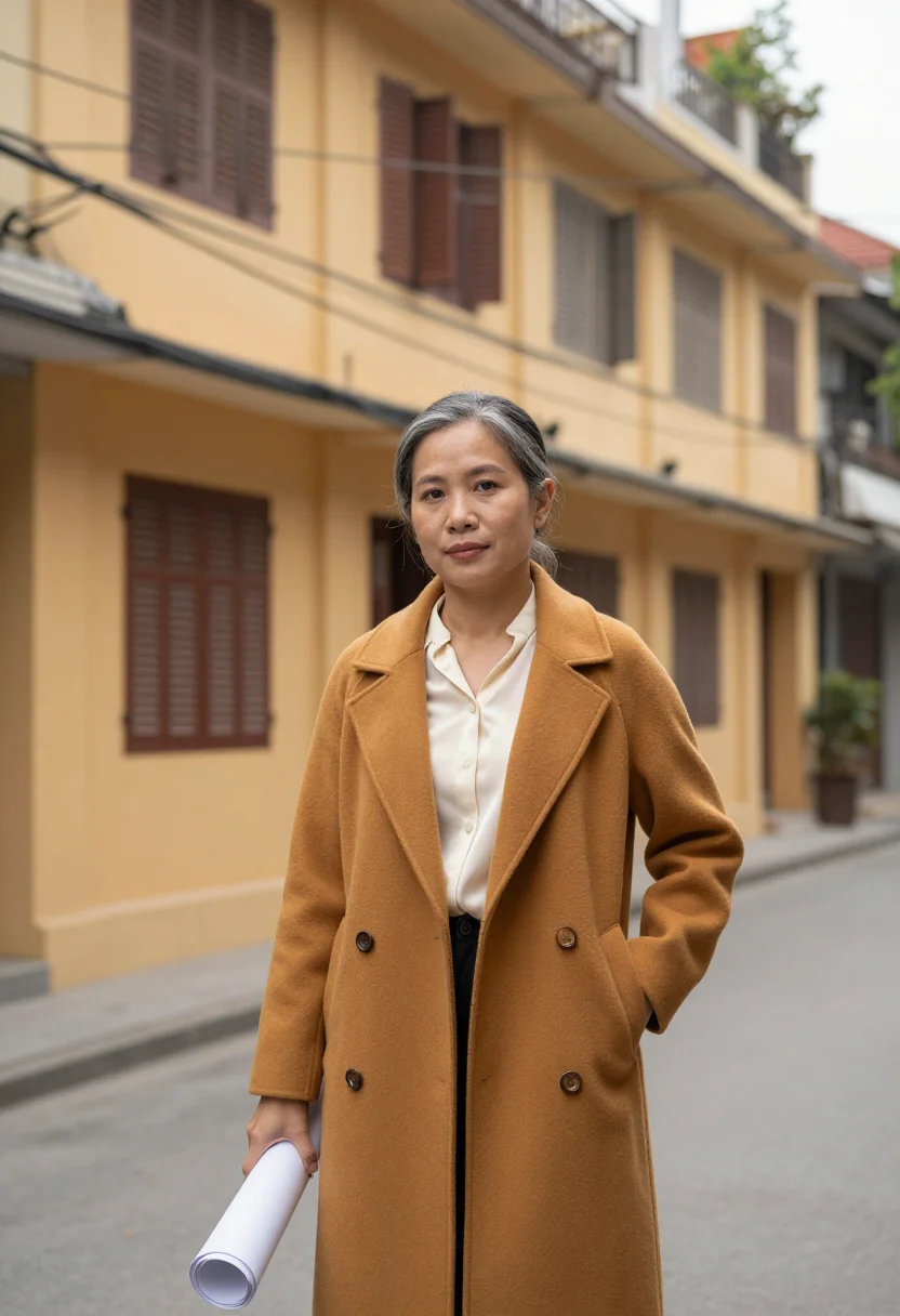 AI hanoi old quarter architect yellow ochre sample — portrait of a woman, a Vietnamese architect in her early fif