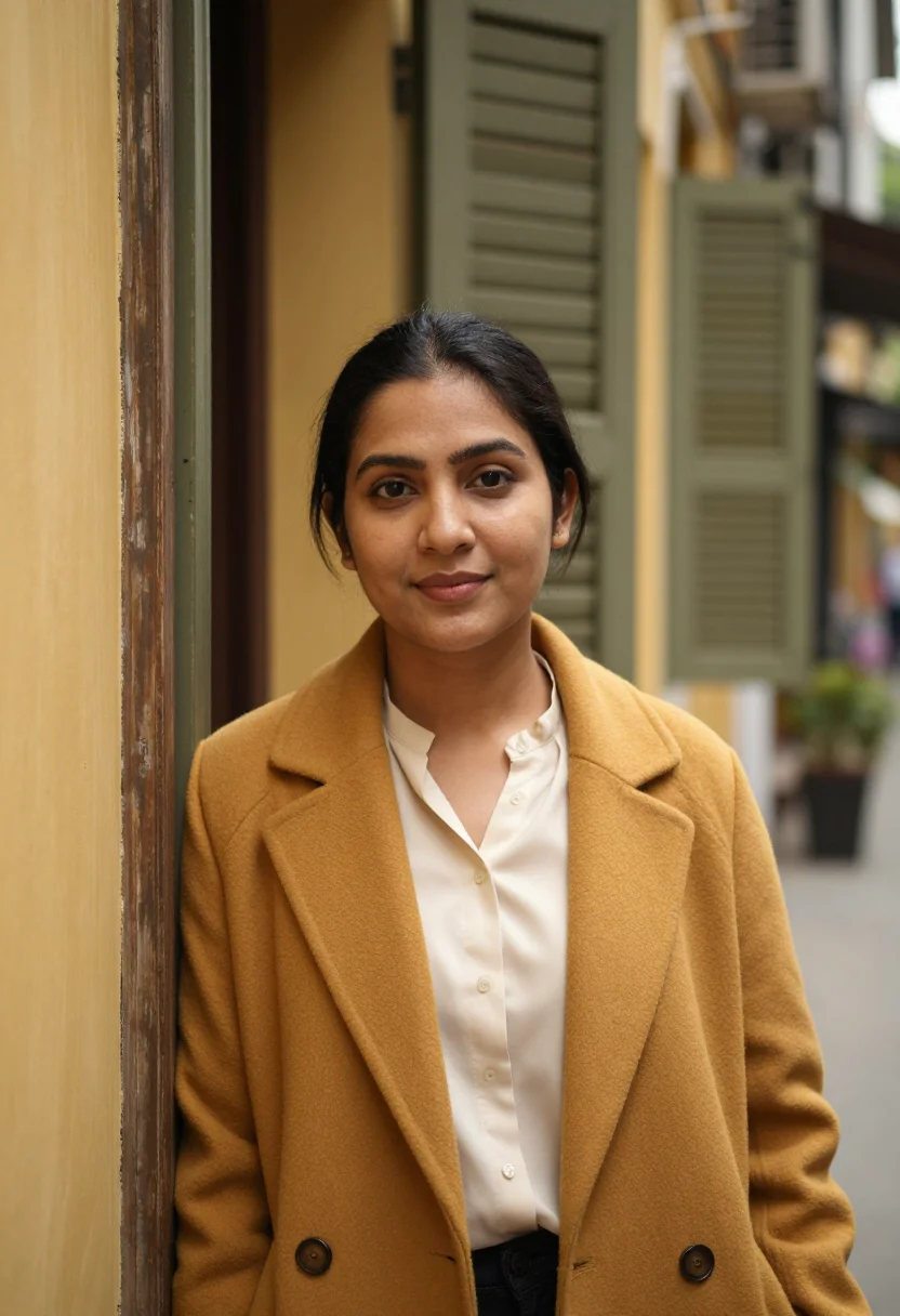 AI hanoi old quarter architect yellow ochre sample — portrait of a woman, a South-Asian architect in her mid-thir