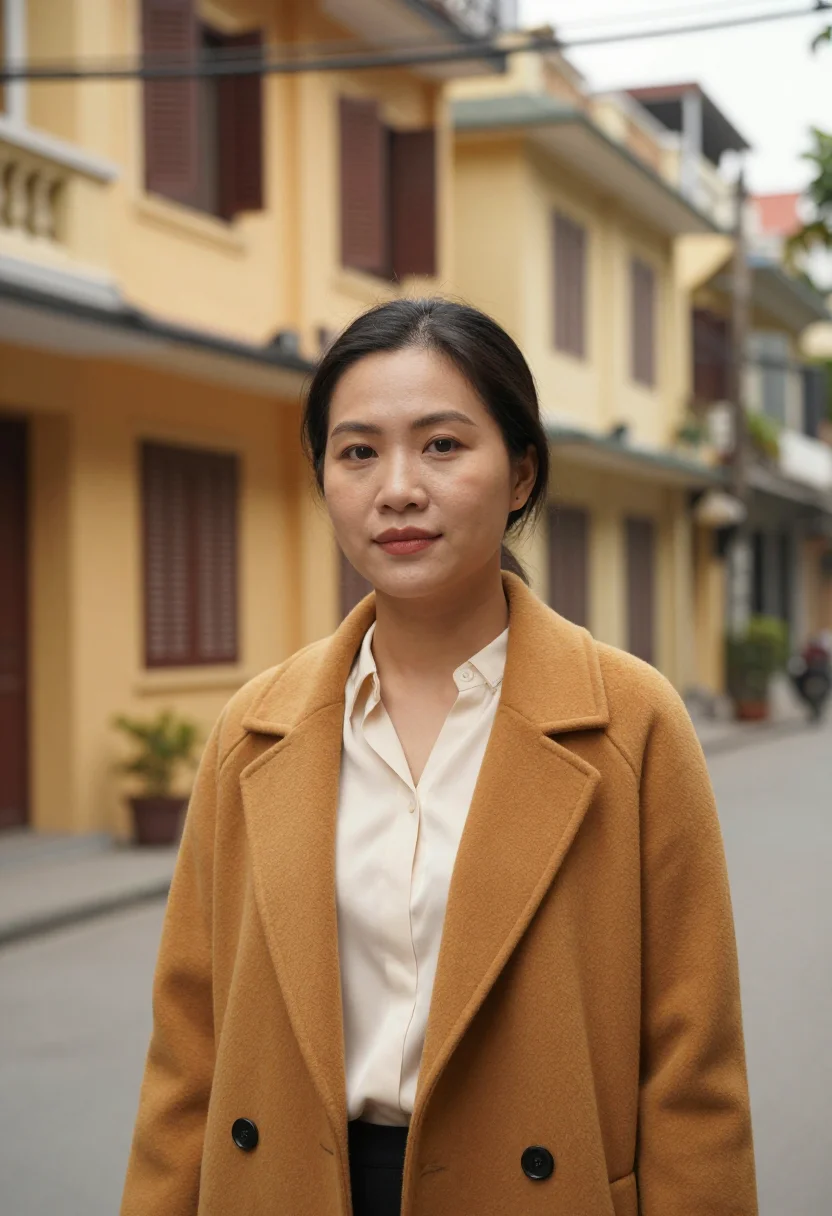 AI hanoi old quarter architect yellow ochre sample — portrait of a woman, a Vietnamese architect in her early for