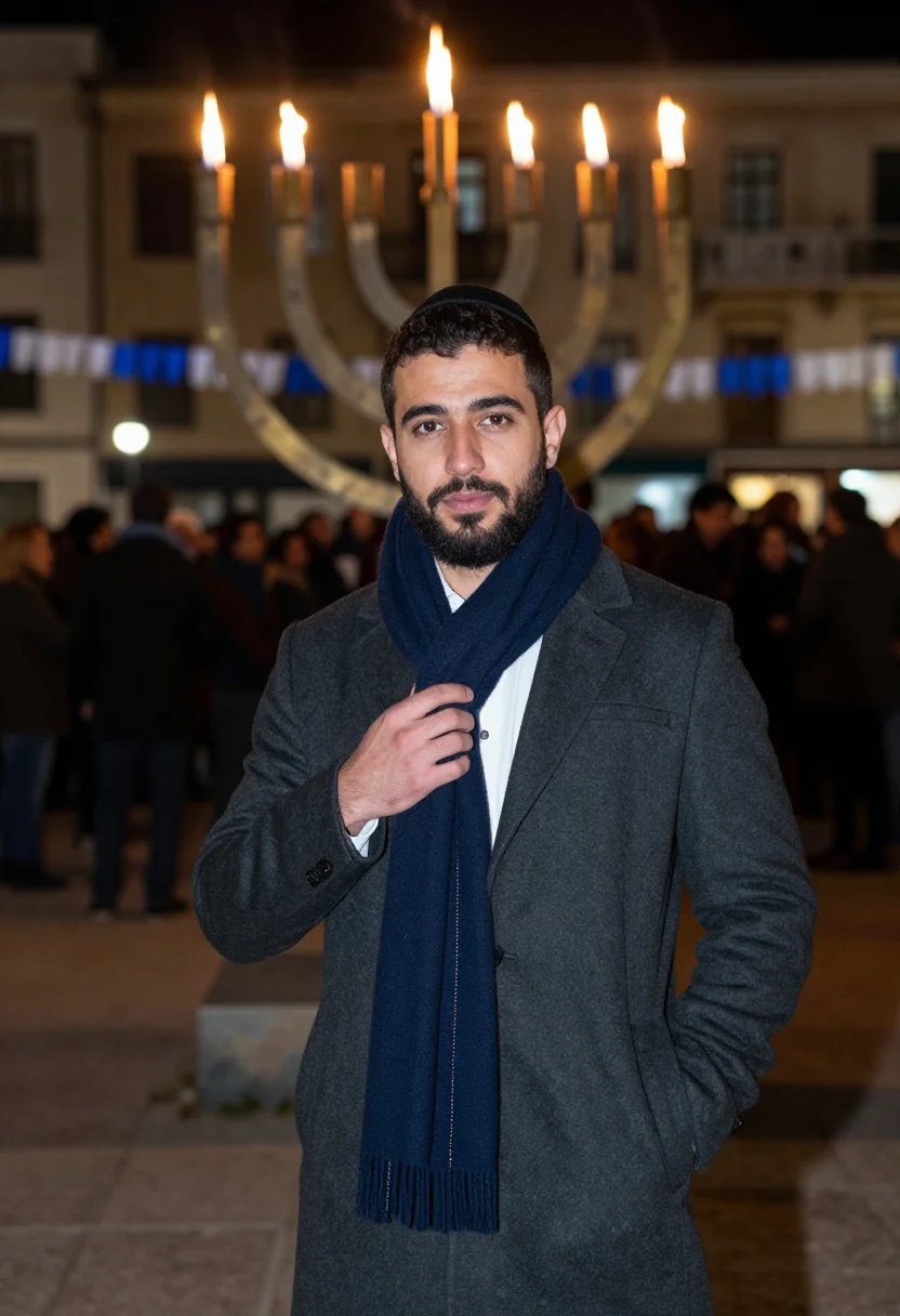 AI hanukkah lights sample — portrait of a man, half-length portrait of a man of Mediterr