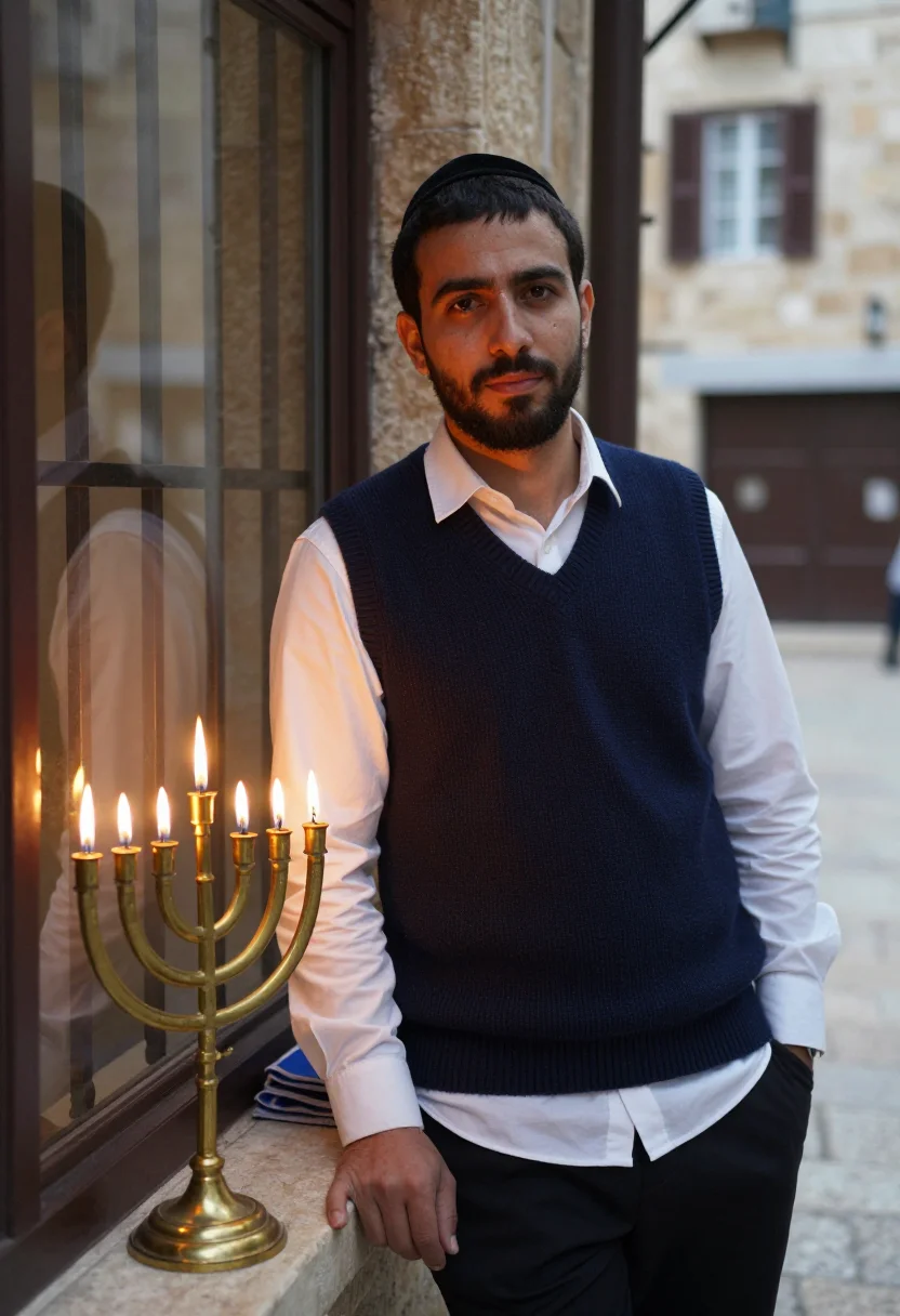 AI hanukkah lights sample — portrait of a man, three-quarter-length portrait of a man of