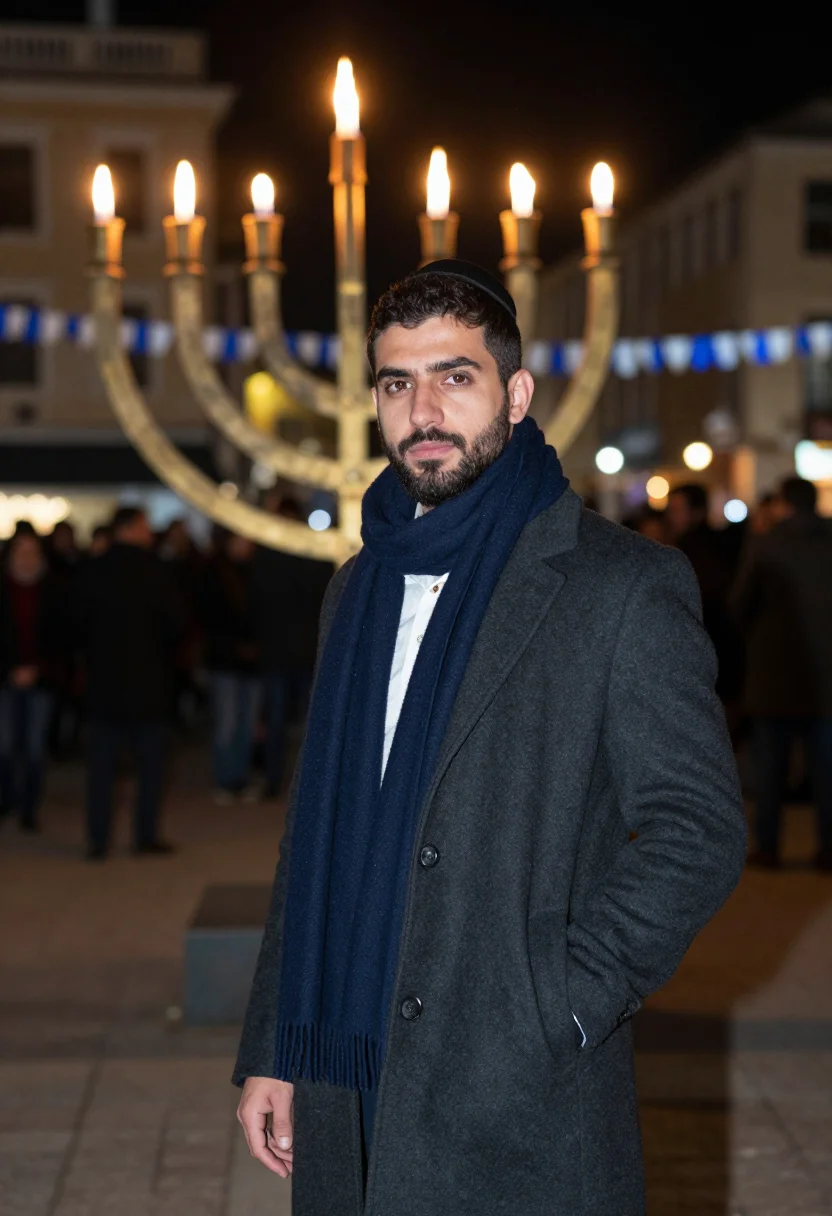 AI hanukkah lights sample — portrait of a man, three-quarter-length portrait of a man of