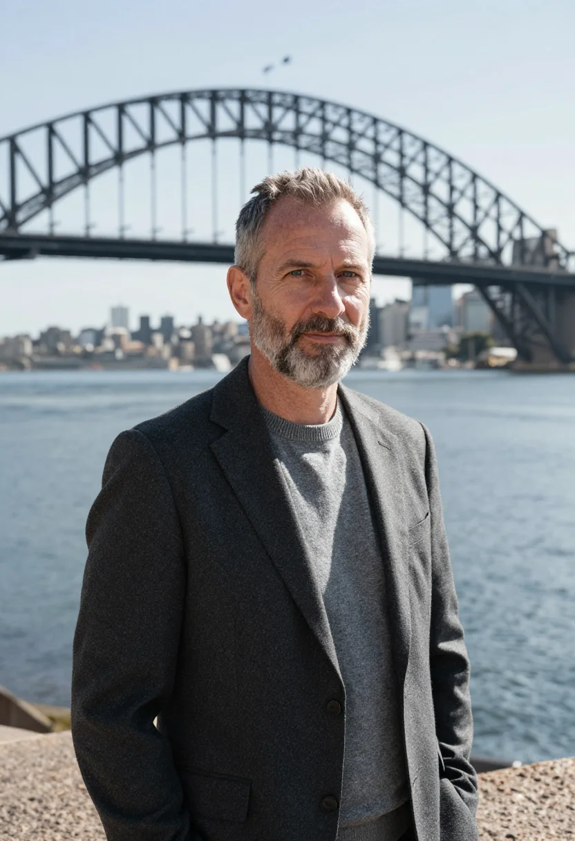 AI harbour bridge structural engineer steel grey sample — portrait of a man, a structural engineer in his mid-fifties