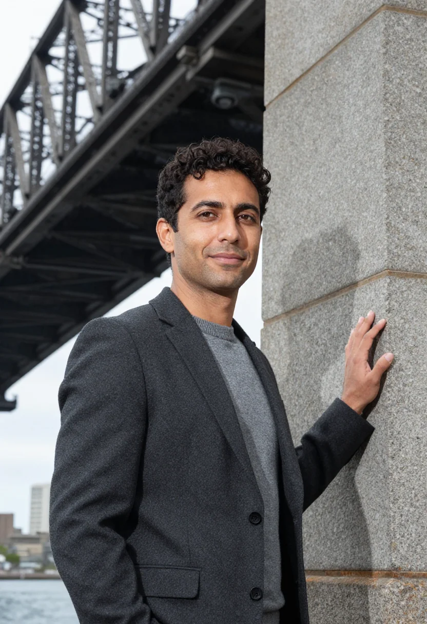 AI harbour bridge structural engineer steel grey sample — portrait of a man, a structural engineer in his mid-thirties