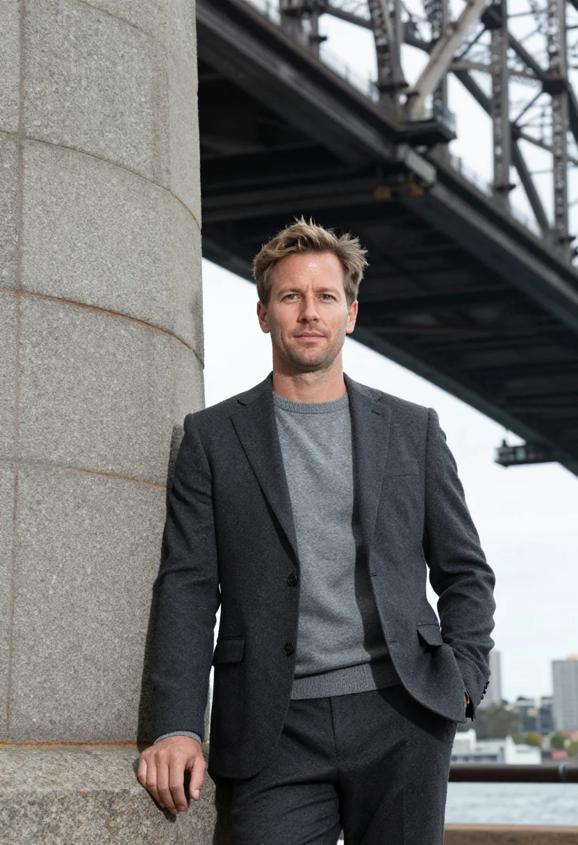 AI harbour bridge structural engineer steel grey sample — portrait of a man, a structural engineer in his late forties