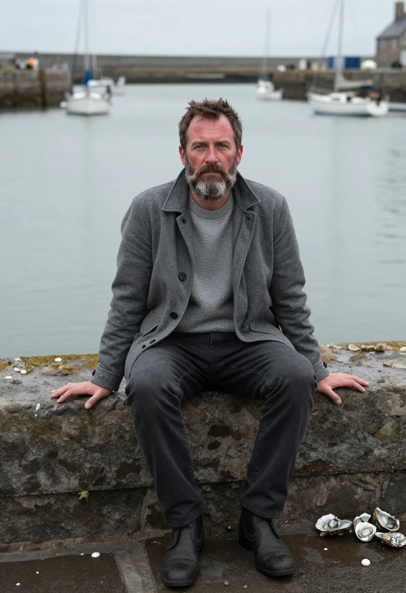 AI harbour oyster october slate sample — portrait of a man, full-length seated portrait of a man in h