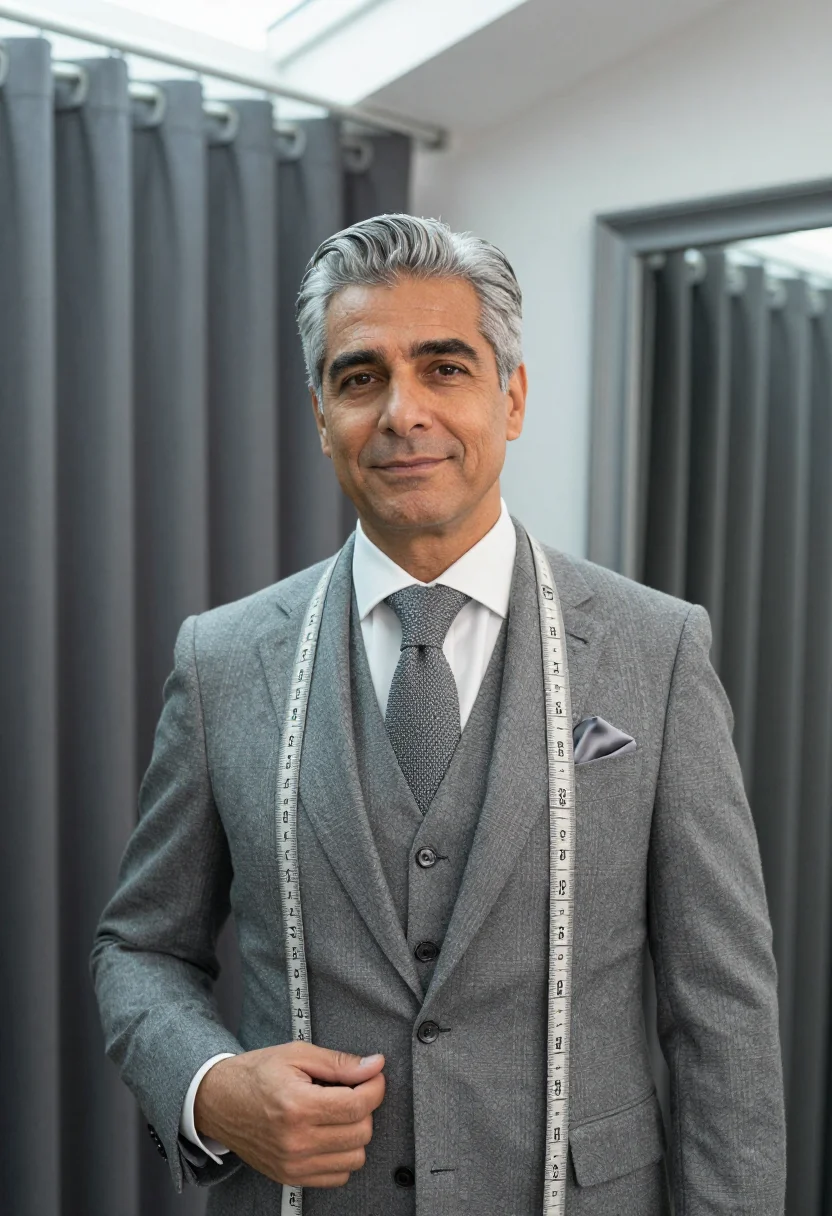 AI hardy amies savile row flannel sample — portrait of a man, framed chest-up, cropped at the ribs, the