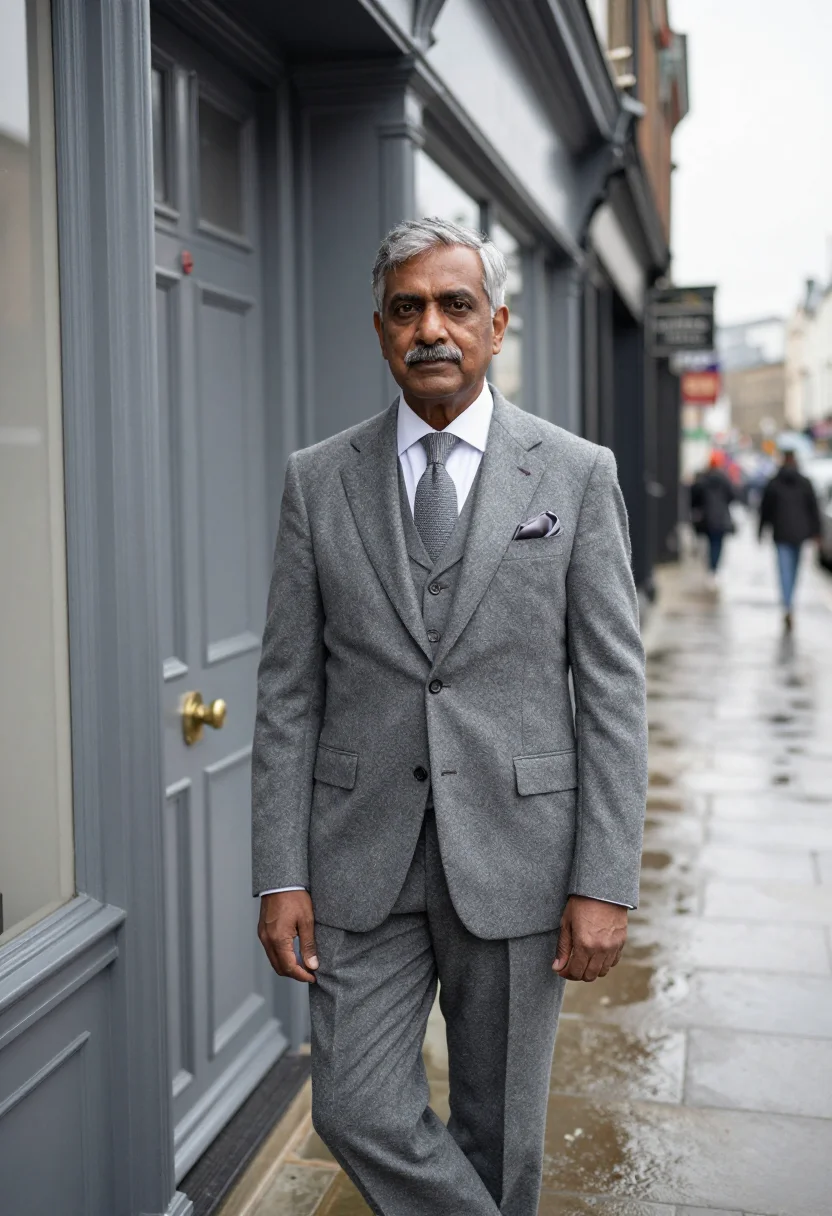 AI hardy amies savile row flannel sample — portrait of a man, framed three-quarter length, cropped at t