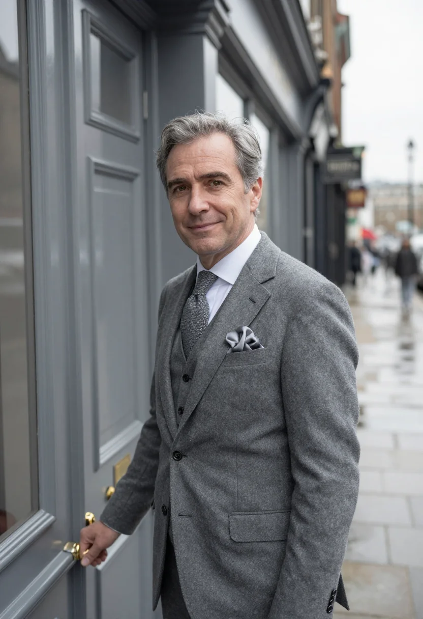 AI hardy amies savile row flannel sample — portrait of a man, framed chest-up, cropped at the ribs, the