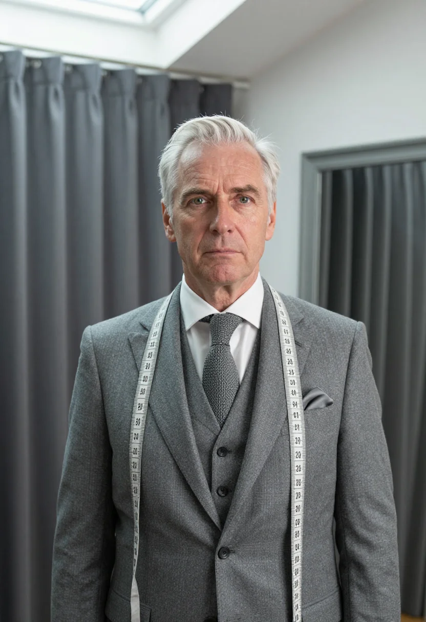 AI hardy amies savile row flannel sample — portrait of a man, framed tight, head and shoulders, the bod