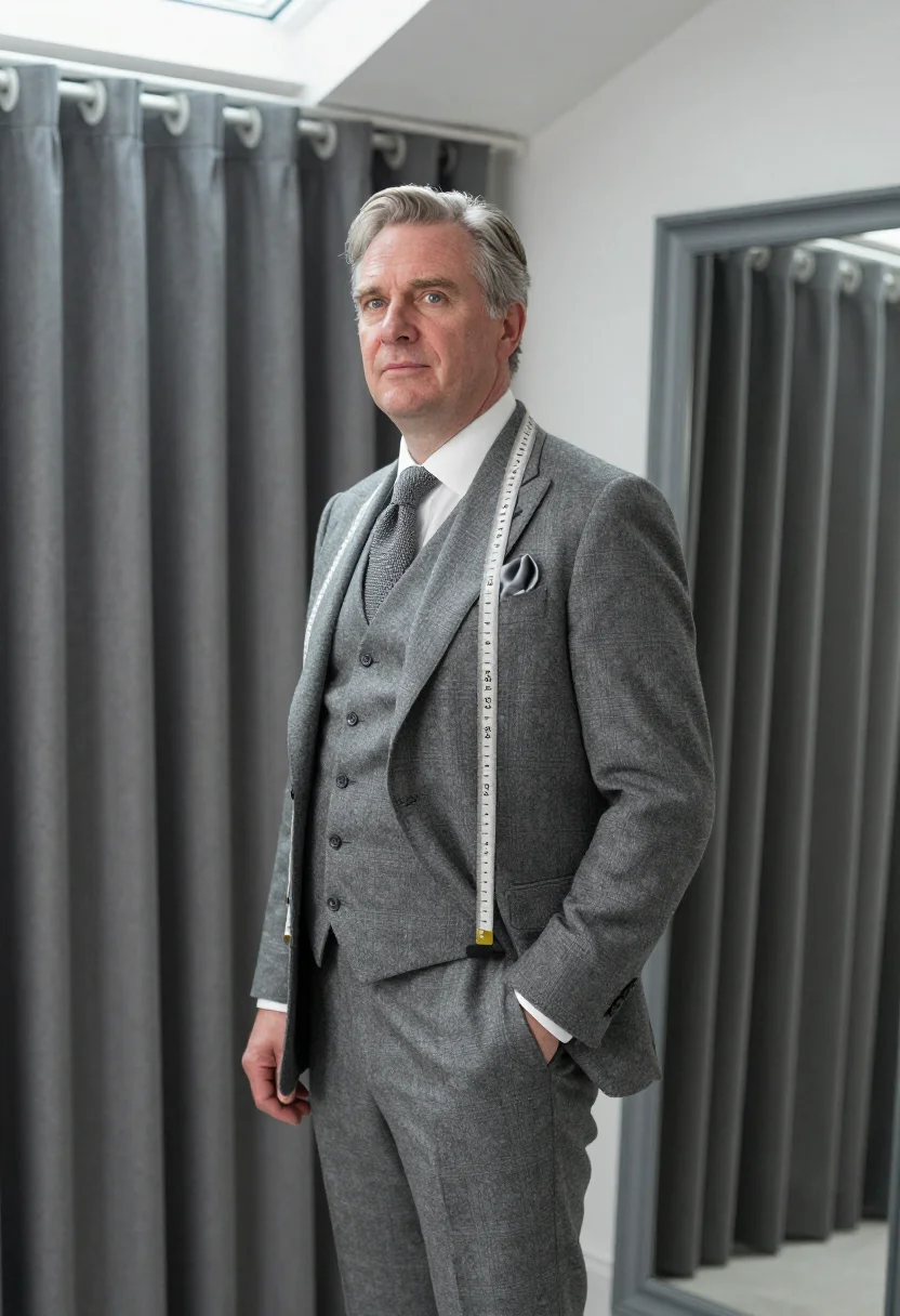 AI hardy amies savile row flannel sample — portrait of a man, framed half-length, cropped at the hips,