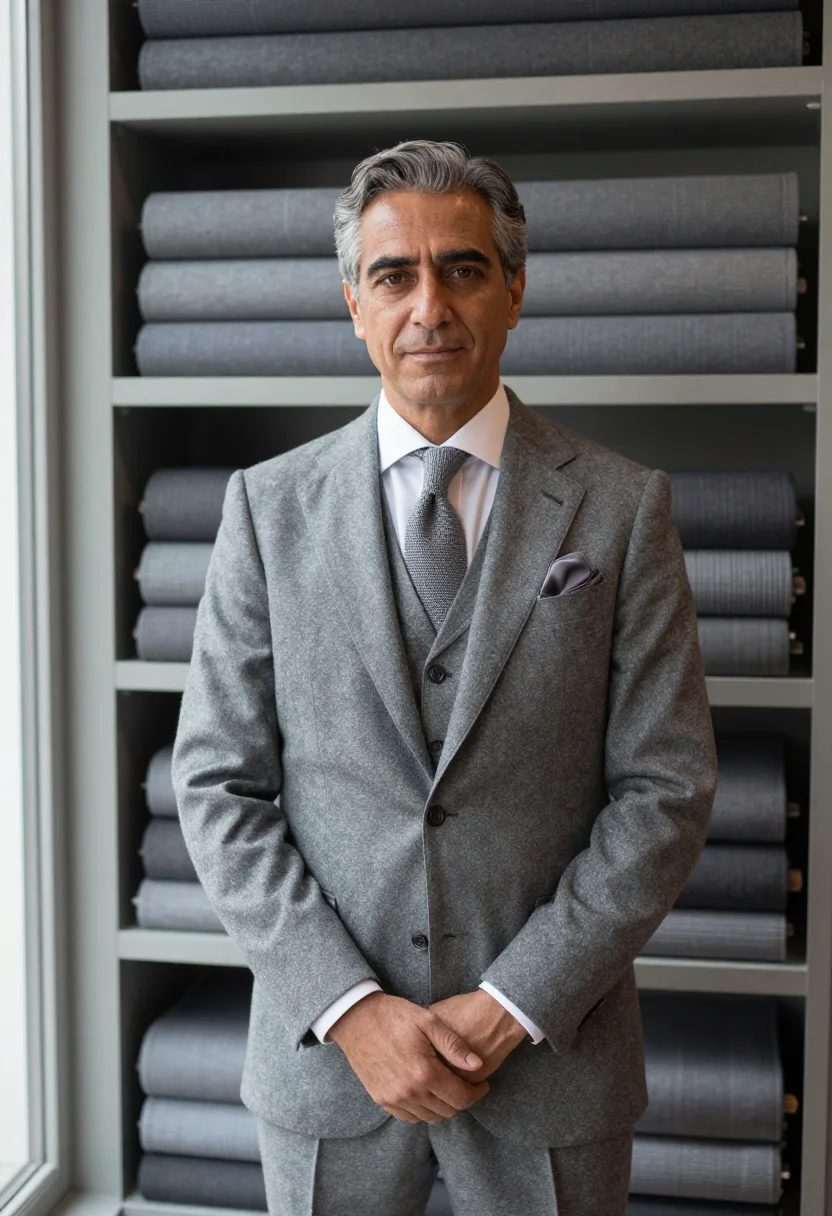 AI hardy amies savile row flannel sample — portrait of a man, framed half-length, cropped at the hips,