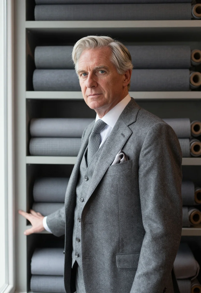 AI hardy amies savile row flannel sample — portrait of a man, framed chest-up, cropped at the ribs, the