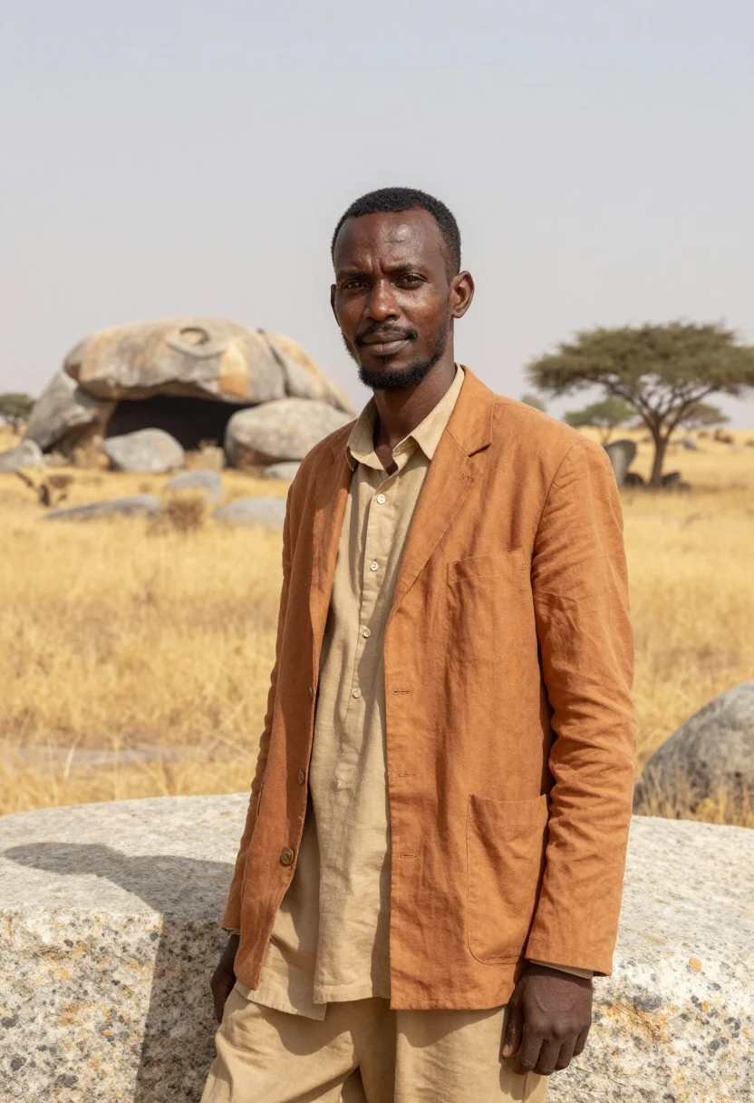 AI hargeisa geologist cave painting ochre sample — portrait of a man, a Somali geologist in his mid-forties wit