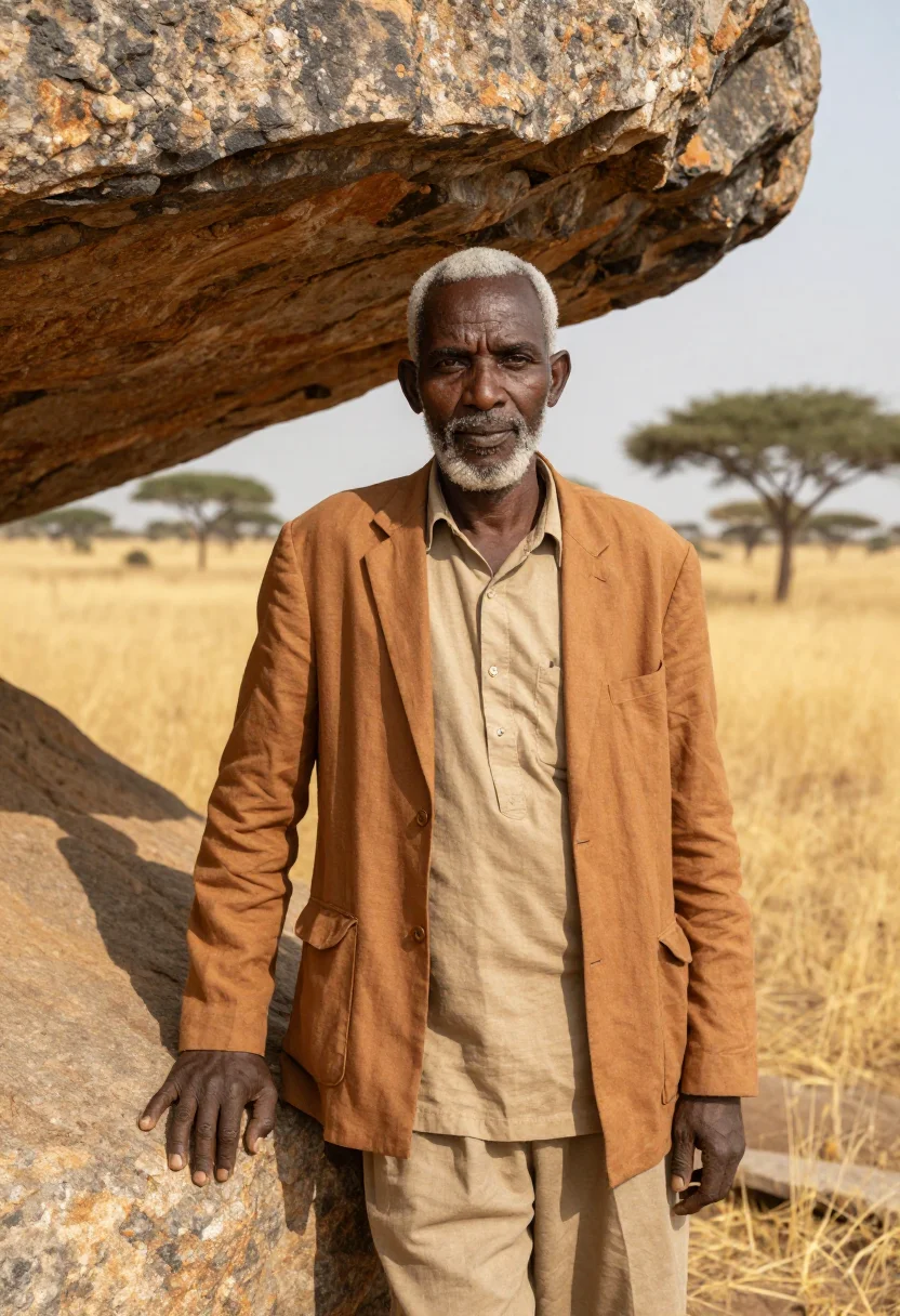 AI hargeisa geologist cave painting ochre sample — portrait of a man, a Somali geologist in his mid-sixties wit