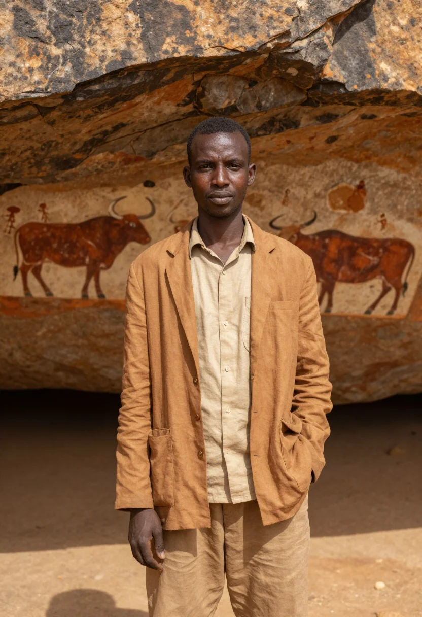 AI hargeisa geologist cave painting ochre sample — portrait of a man, a Somali geologist in his mid-thirties wi