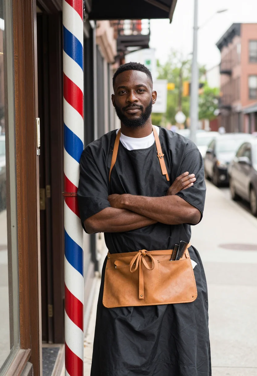 AI harlem barbershop sample — portrait of a man, three-quarter-length portrait of an Afric