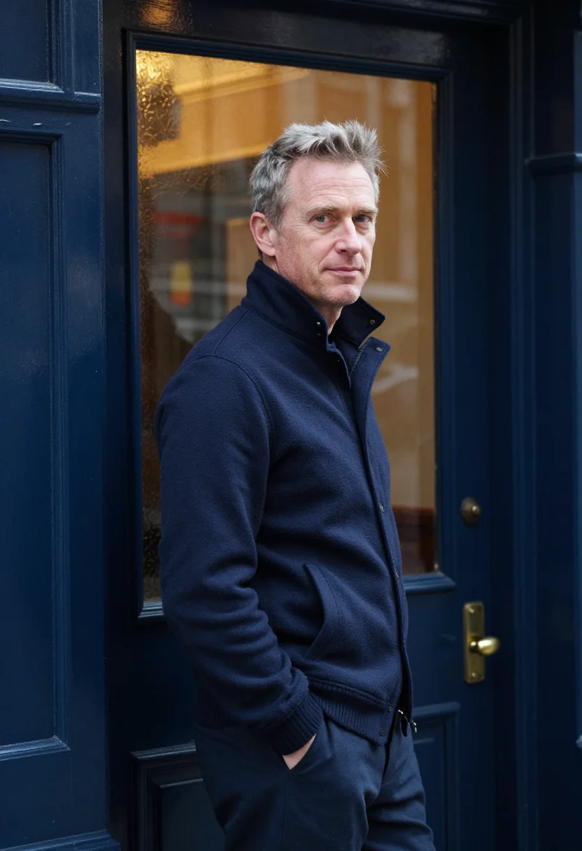 AI harrington jacket navy sample — portrait of a man, framed half-length from the waist up, a m