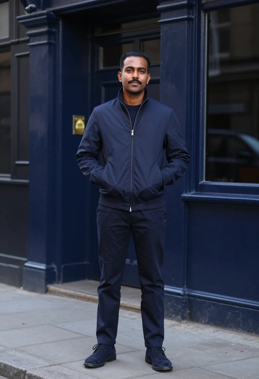 AI harrington jacket navy sample — portrait of a man, framed half-length from the waist up, a m