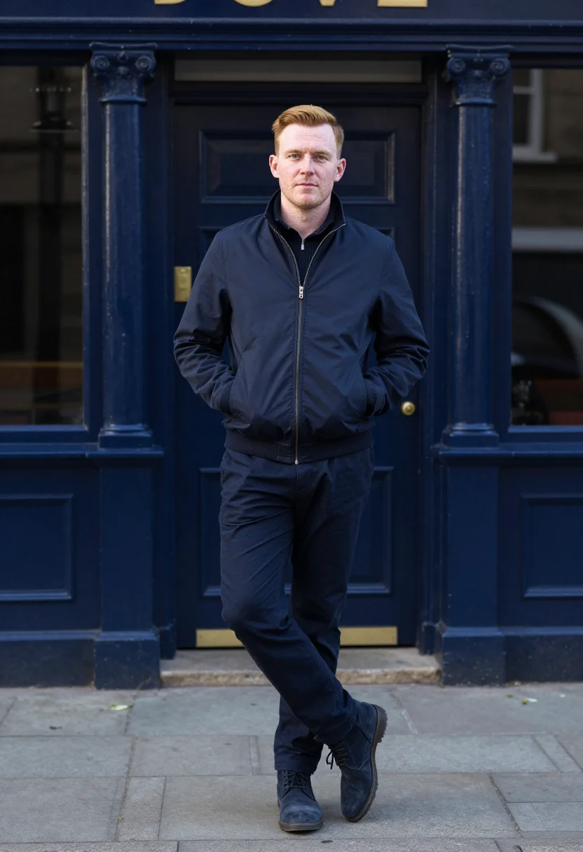 AI harrington jacket navy sample — portrait of a man, framed full-length from the boots to just