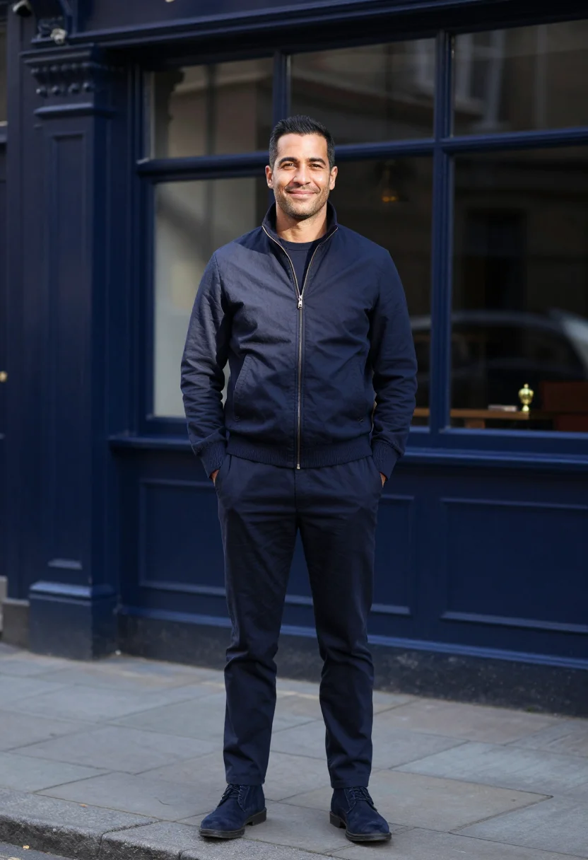 AI harrington jacket navy sample — portrait of a man, framed chest-up from the ribs with the bo