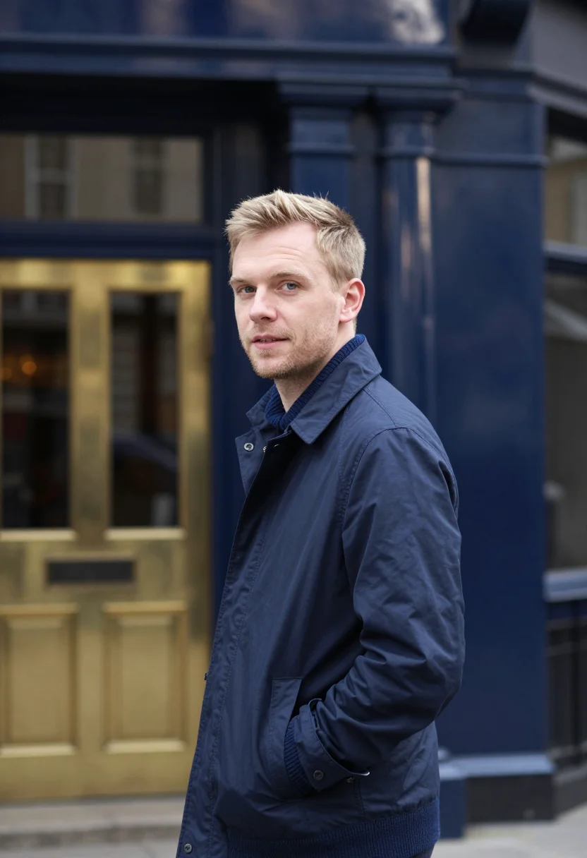 AI harrington jacket navy sample — portrait of a man, framed half-length from the waist up, a m