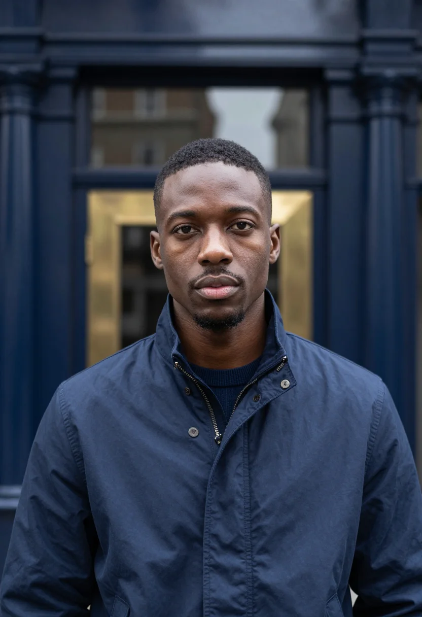 AI harrington jacket navy sample — portrait of a man, framed tight, head and shoulders, the bod
