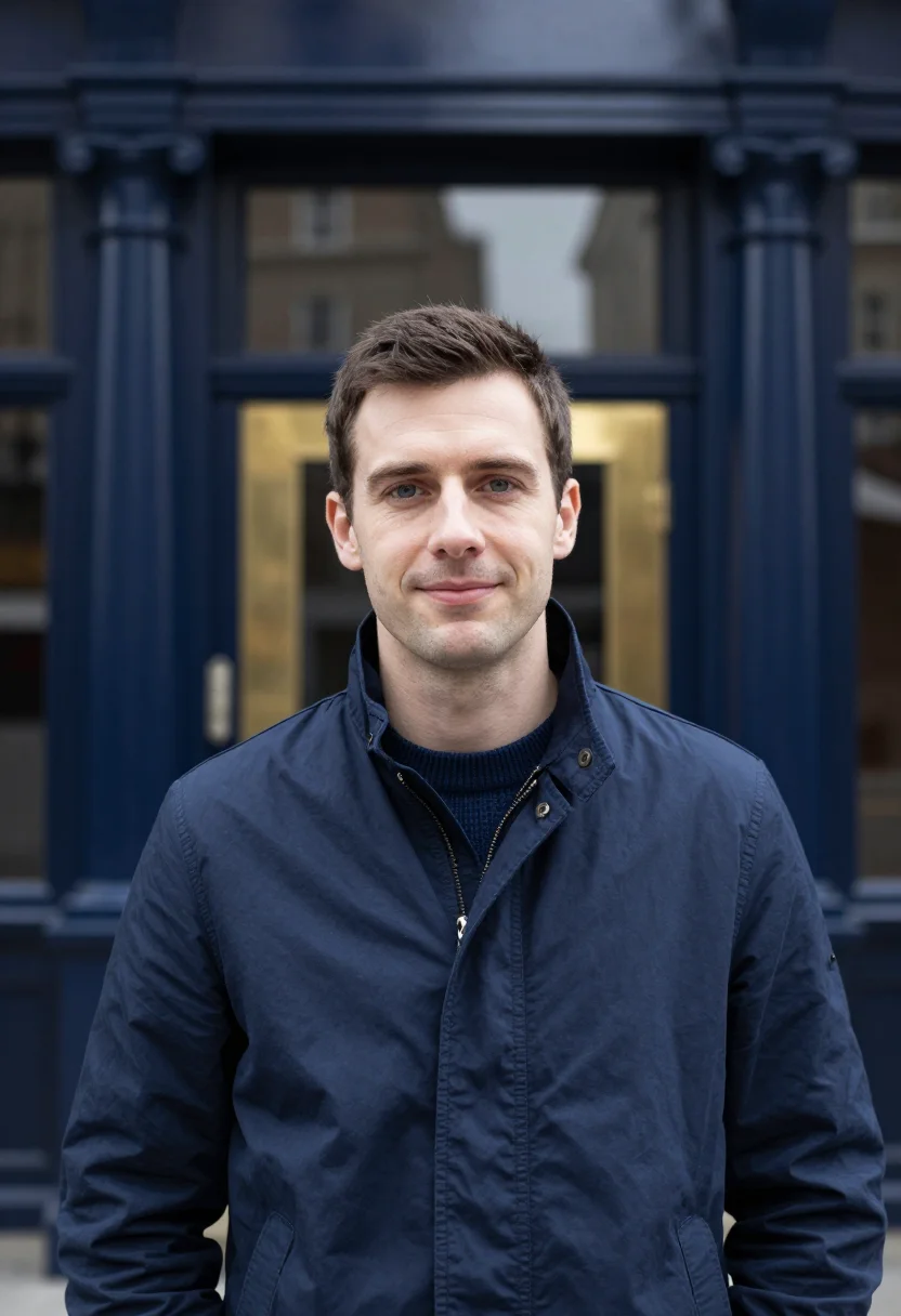 AI harrington jacket navy sample — portrait of a man, framed chest-up from the ribs with the bo