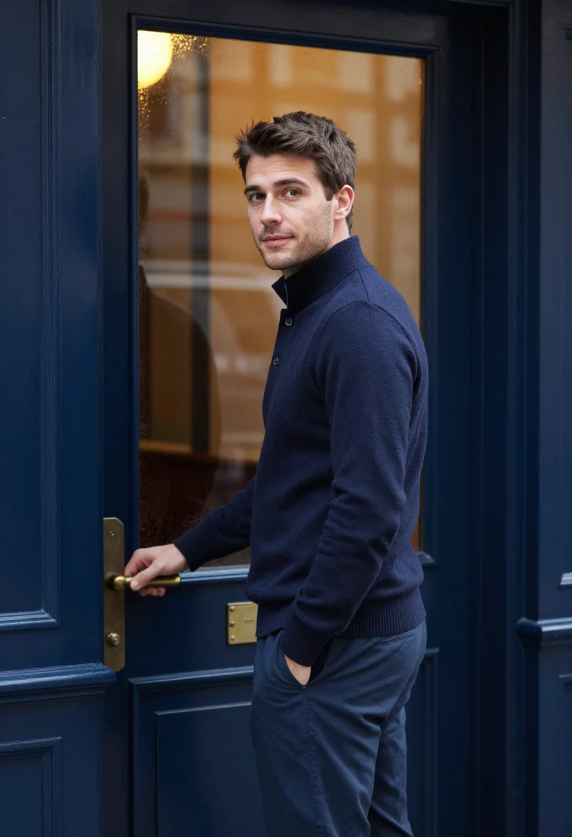 AI harrington jacket navy sample — portrait of a man, framed three-quarter length from the knee