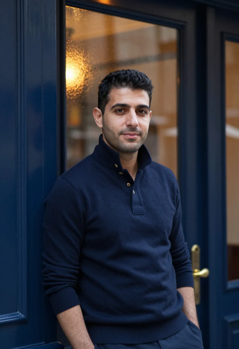 AI harrington jacket navy sample — portrait of a man, framed chest-up from the ribs with the bo