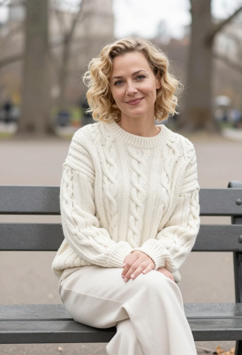 AI harry met sally central park cream knit sample — portrait of a woman, framed waist-up from the head to the wa