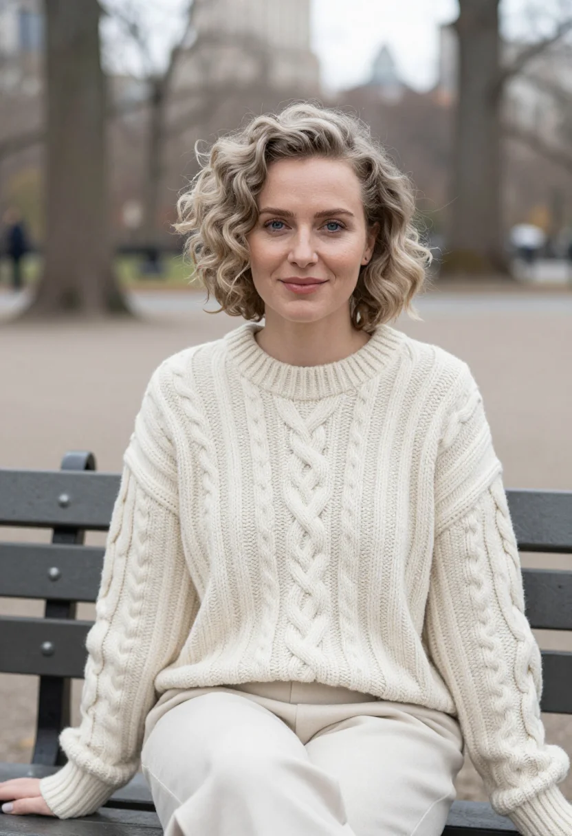 AI harry met sally central park cream knit sample — portrait of a woman, framed tight, head and shoulders, the b