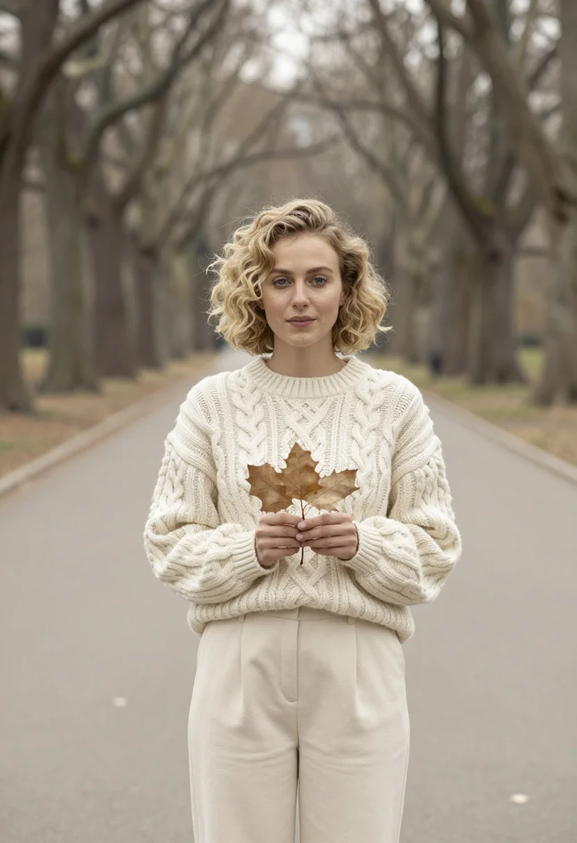 AI harry met sally central park cream knit sample — portrait of a woman, framed chest-up, cropped at the ribs, t