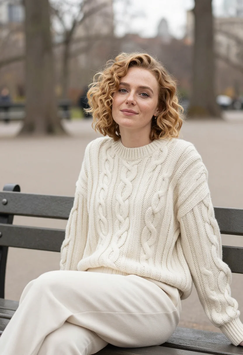 AI harry met sally central park cream knit sample — portrait of a woman, framed chest-up, cropped at the ribs, t