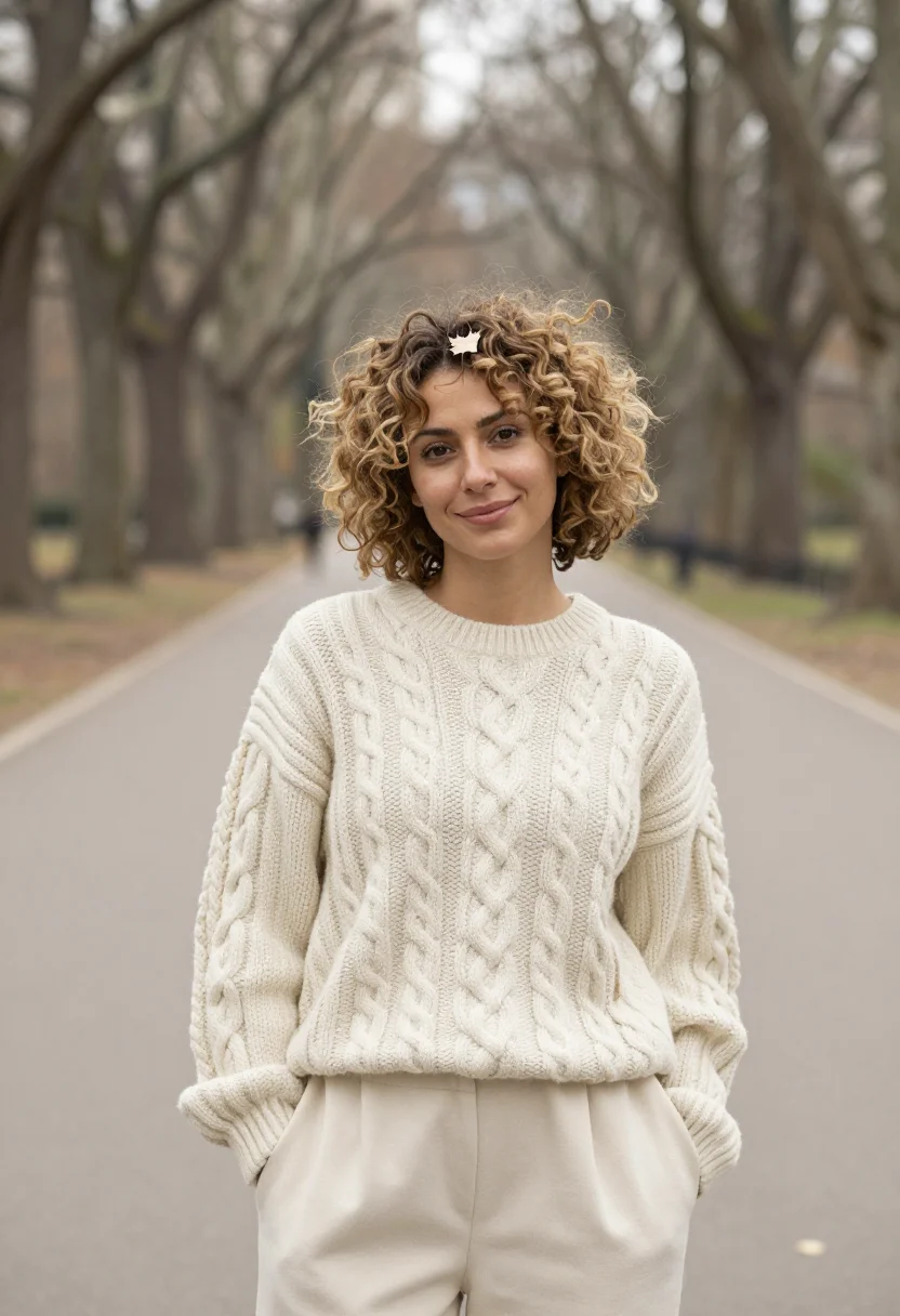 AI harry met sally central park cream knit sample — portrait of a woman, framed tight, head and shoulders, the b