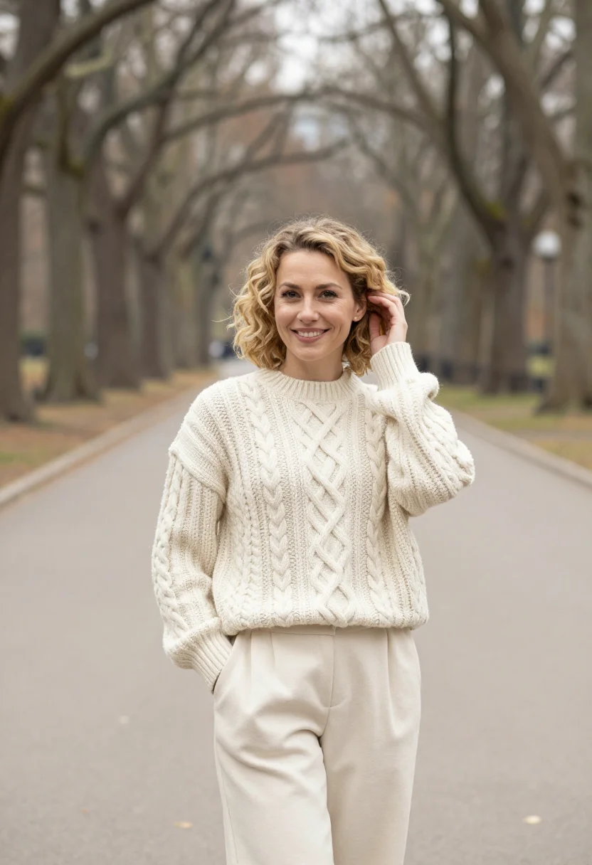 AI harry met sally central park cream knit sample — portrait of a woman, framed half-length from the head to the