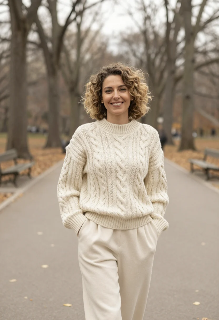 AI harry met sally central park cream knit sample — portrait of a woman, framed three-quarter length from the he