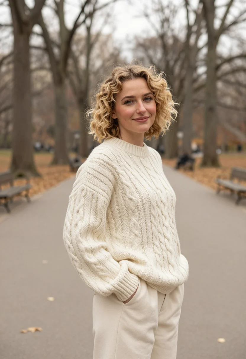 AI harry met sally central park cream knit sample — portrait of a woman, framed chest-up, cropped at the ribs, t